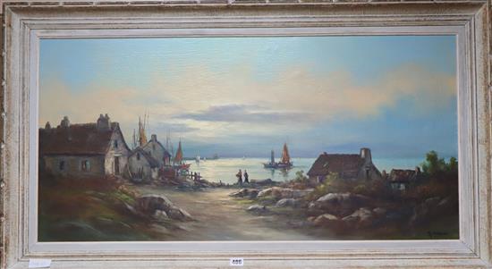 R. Tanawi, oil on canvas, Fishing village at sunset, signed 48 x 99cm